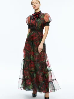 Alice and Olivia GUEST OF|MAXI*COLETTA BOW NECK BUTTON FRONT MAXI DRESS