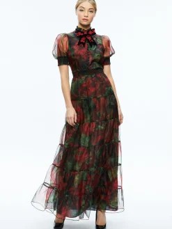 Alice and Olivia GUEST OF|MAXI*COLETTA BOW NECK BUTTON FRONT MAXI DRESS