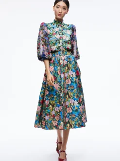 Alice and Olivia MATCHING SETS*EARLA VEGAN LEATHER FLARE SKIRT + ILAN SMOCKED SLEEVE BUTTON FRONT BLOUSE