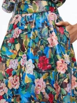Alice and Olivia MATCHING SETS*EARLA VEGAN LEATHER FLARE SKIRT + ILAN SMOCKED SLEEVE BUTTON FRONT BLOUSE