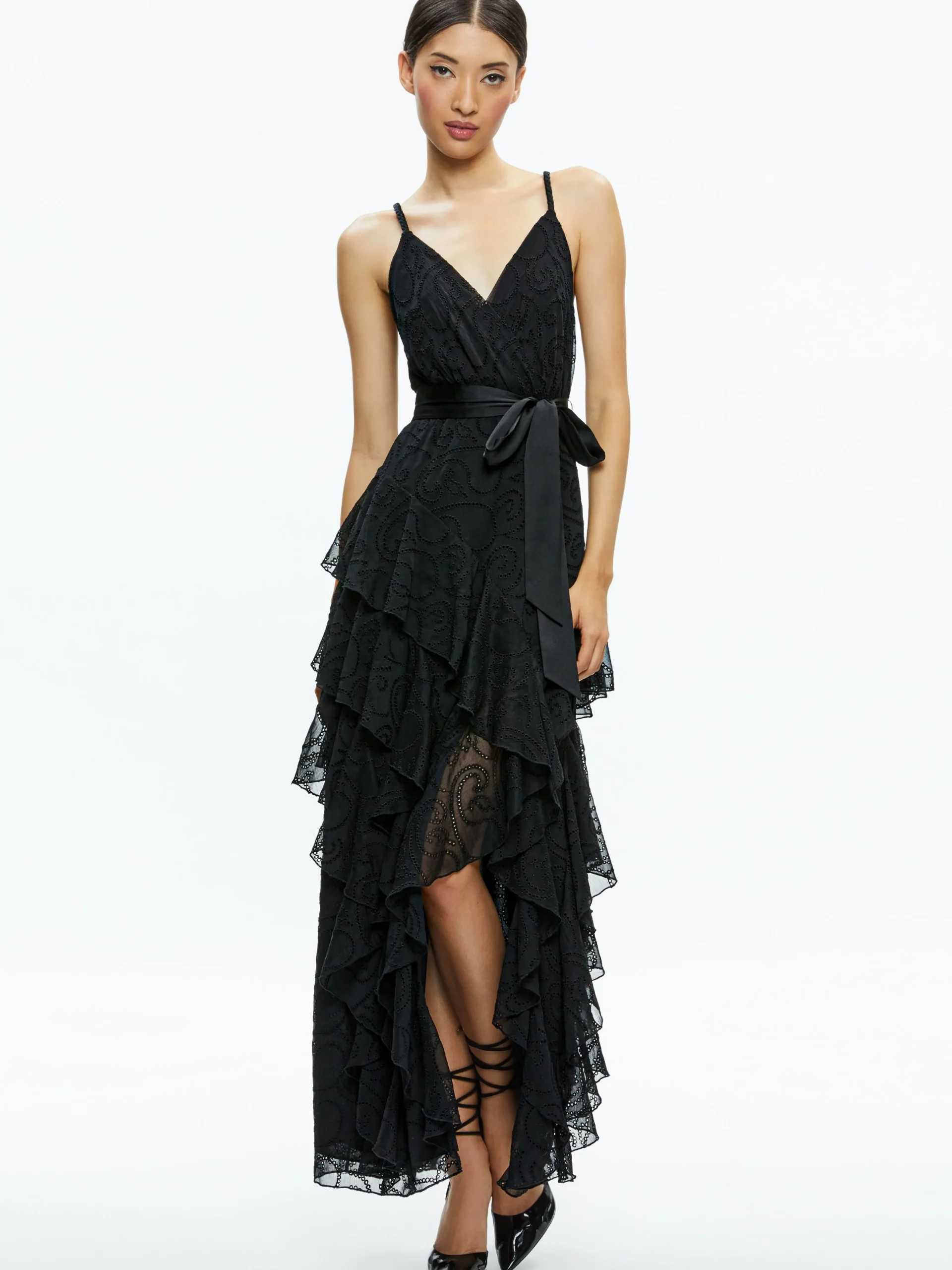 Alice and Olivia MAXI|DRESSES*EMELIA V-NECK EYELET RUFFLE MAXI DRESS