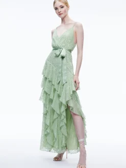 Alice and Olivia GUEST OF|MAXI*EMELIA V-NECK EYELET RUFFLE MAXI DRESS