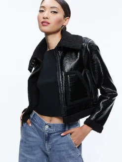 Alice and Olivia VEGAN LEATHER|JACKETS + COATS*ISAIAH VEGAN LEATHER FAUX SHEARLING CROPPED JACKET