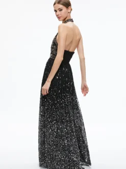Alice and Olivia GUEST OF|MAXI*JAEL EMBELLISHED HALTER NECK MAXI GOWN