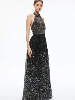 Alice and Olivia GUEST OF|MAXI*JAEL EMBELLISHED HALTER NECK MAXI GOWN