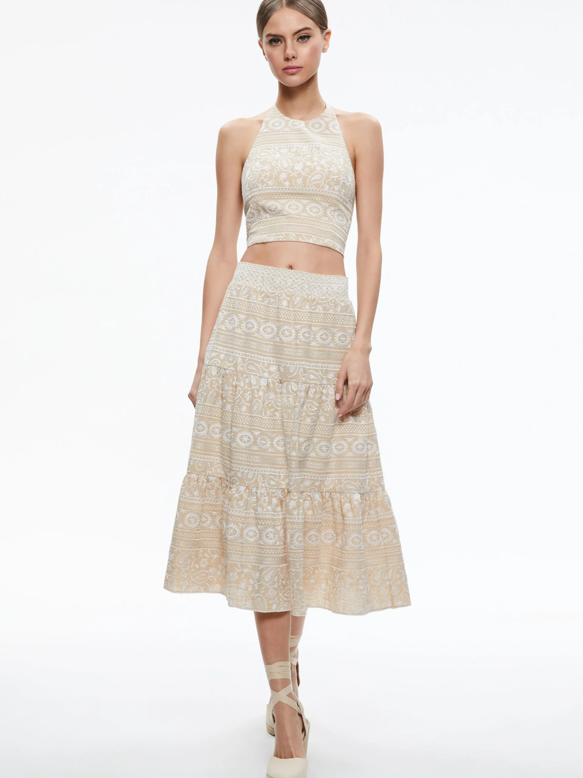 Alice and Olivia MATCHING SETS*JAYMEE TIE NECK CROPPED HALTER TOP + REISE TIERED MIDI SKIRT