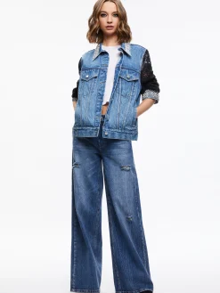 Alice and Olivia JEAN SHOP|JACKETS + COATS*JEFF EMBELLISHED LACE SLEEVE DENIM JACKET