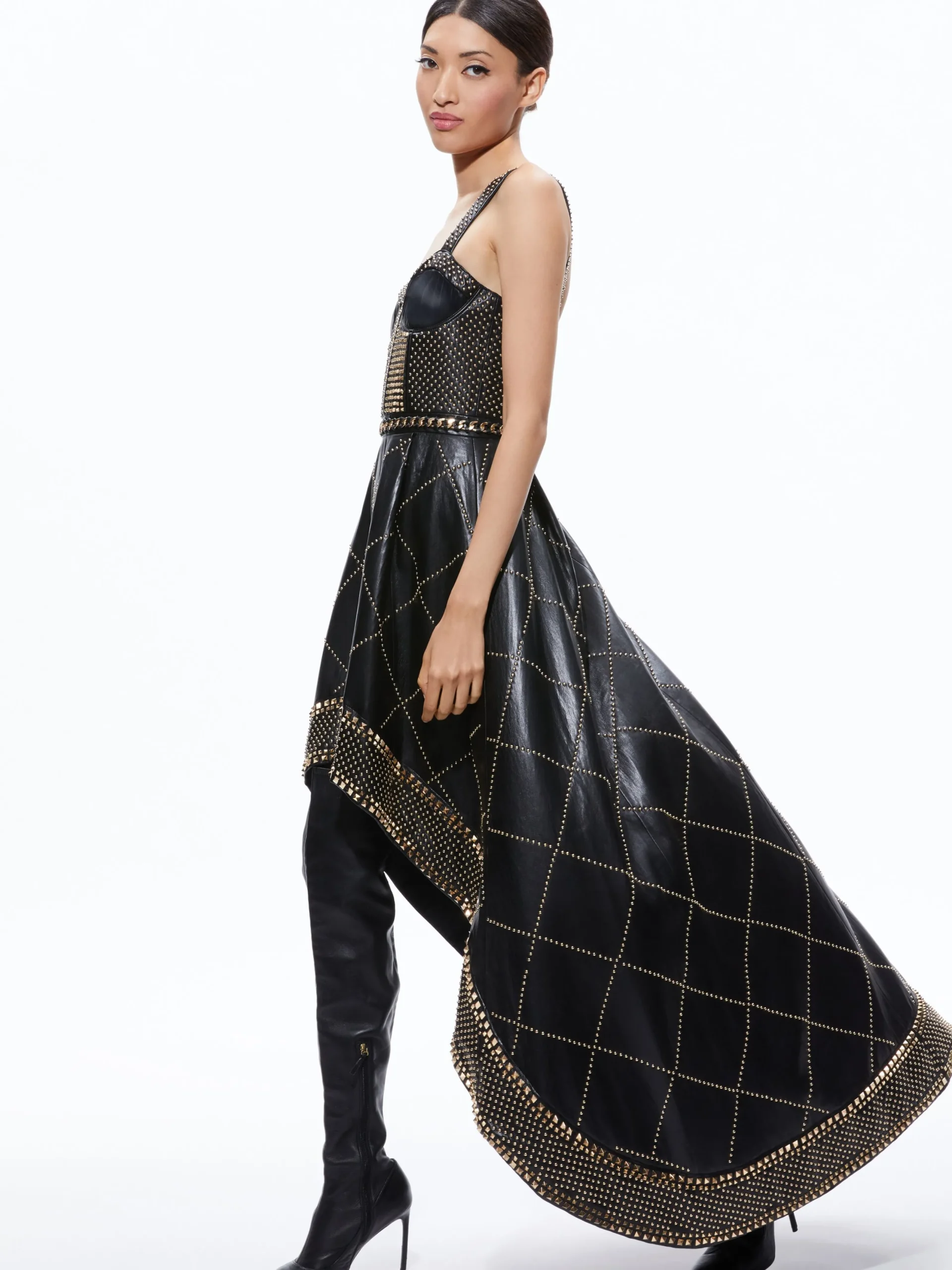 Alice and Olivia VEGAN LEATHER|GUEST OF*JERLENE STUDDED VEGAN LEATHER CORSET GOWN