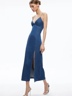 Alice and Olivia JEAN SHOP|MIDI*JULIETTA DENIM SLIP DRESS WITH SLIT
