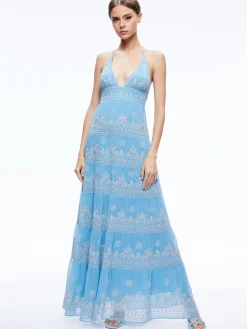 Alice and Olivia GUEST OF|MAXI*KAROLINA EMBROIDERED HALTER NECK MAXI DRESS