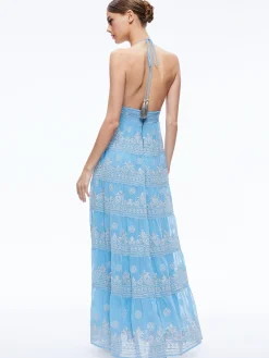Alice and Olivia GUEST OF|MAXI*KAROLINA EMBROIDERED HALTER NECK MAXI DRESS
