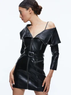 Alice and Olivia VEGAN LEATHER|MINI*MIARA VEGAN LEATHER MOTO DRESS
