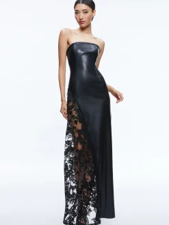 Alice and Olivia VEGAN LEATHER|GUEST OF*RETHA VEGAN LEATHER LACE MAXI DRESS