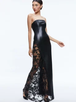 Alice and Olivia VEGAN LEATHER|GUEST OF*RETHA VEGAN LEATHER LACE MAXI DRESS