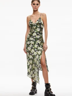 Alice and Olivia GUEST OF|MIDI*SHAWNA ASYMMETRICAL SLIP DRES