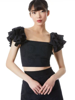 Alice and Olivia TOPS*TAWNY EYELET SQUARE NECK RUFFLE CROP TOP