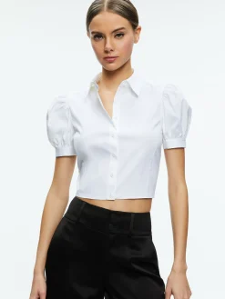 Alice and Olivia ESSENTIALS|THE WORKWEAR EDIT*WILLA CROPPED PUFF SLEEVE BUTTON DOWN