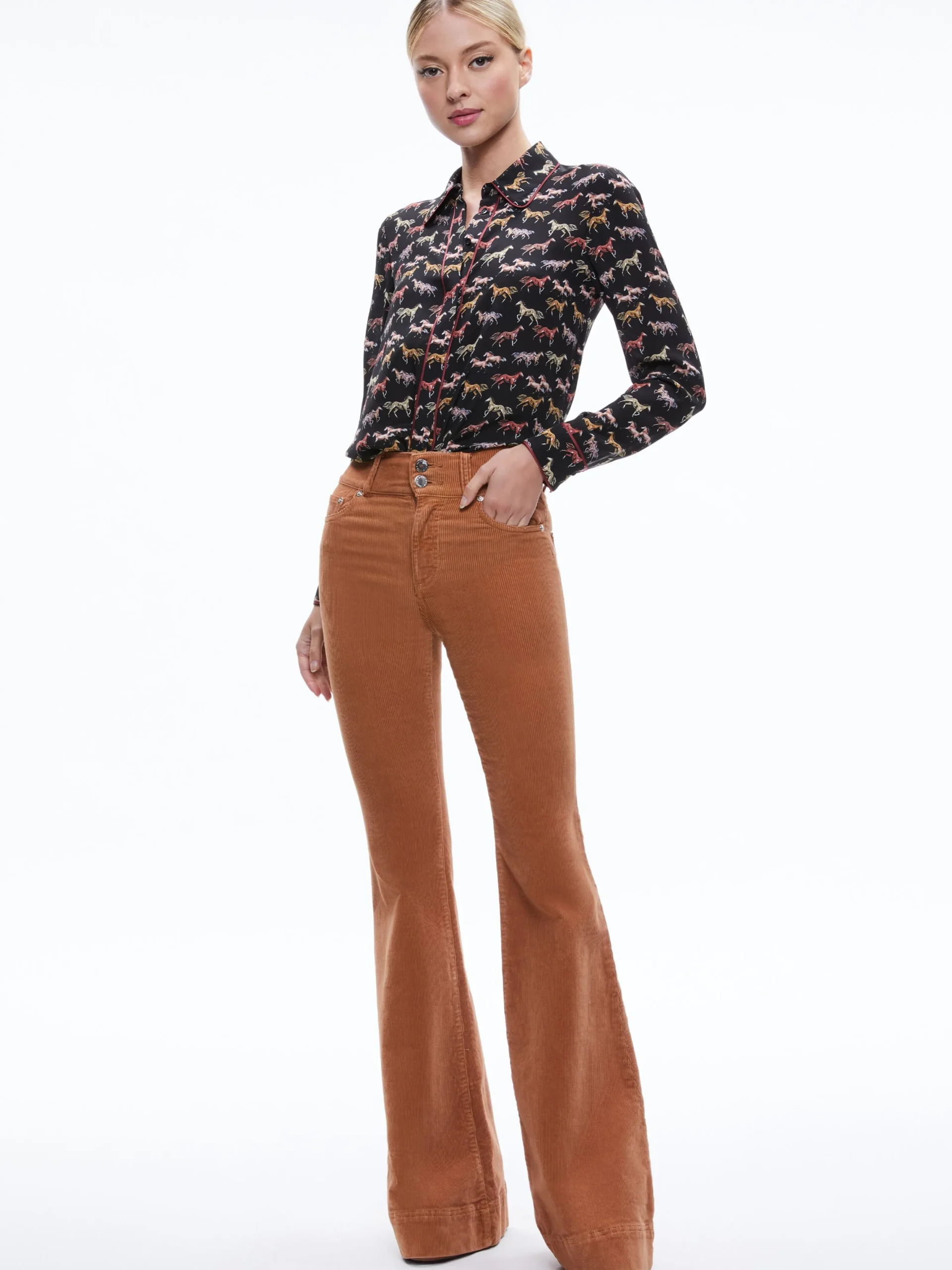 Alice and Olivia TOPS*WILLA PLACKET TOP WITH PIPING