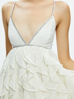 Alice and Olivia GUEST OF|MINI*WILMARIE EMBELLISHED LACE RUFFLE MINI GOWN
